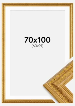 Ramme Ornate Guld 70x100 cm - Passepartout Hvid 61x92 cm