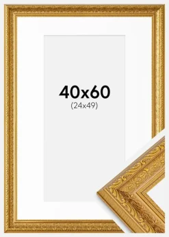 Ramme Ornate Guld 40x60 cm - Passepartout Hvid 25x50 cm