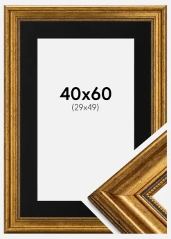 Ramme Rokoko Guld 40x60 cm - Passepartout Sort 30x50 cm
