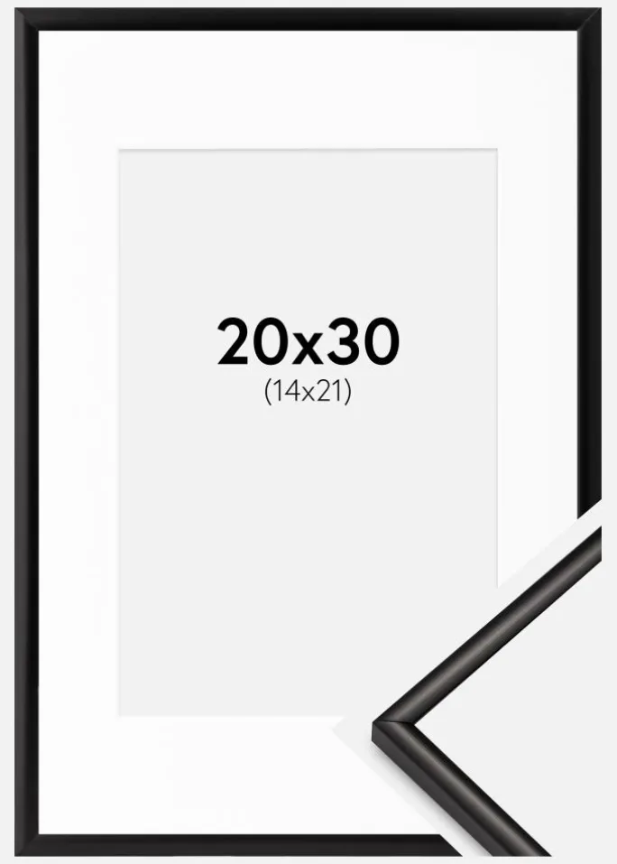 Ramme Scandi Matt Sort 20x30 cm - Passepartout Hvid 15x22 cm