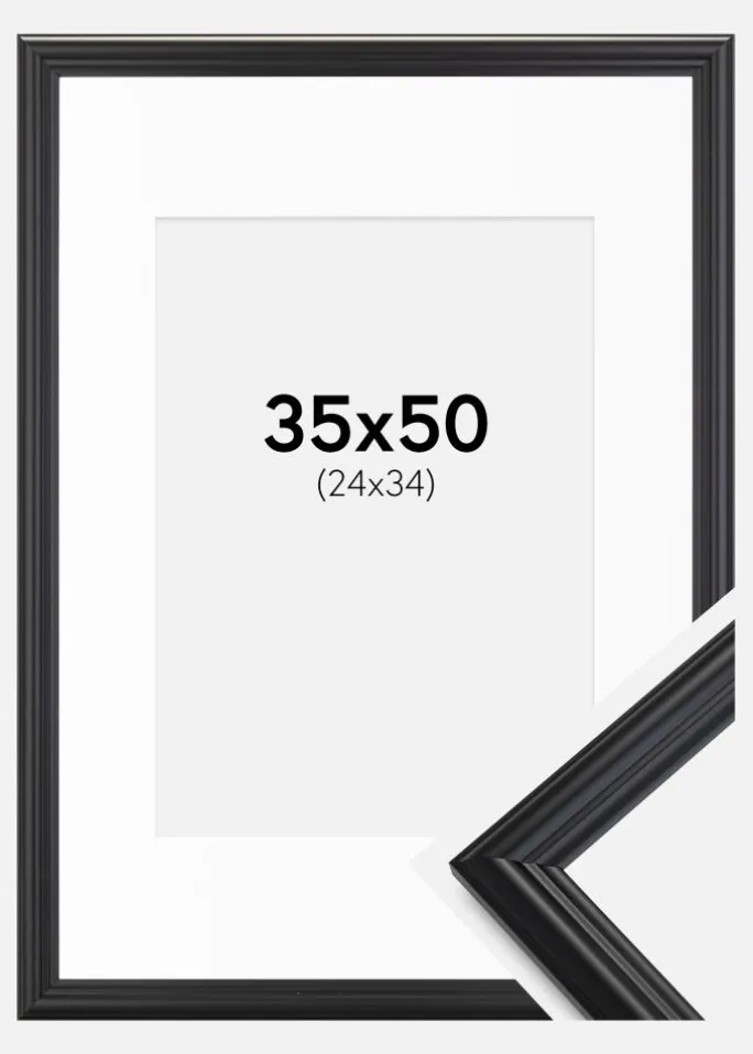 Ramme Siljan Sort 35x50 cm - Passepartout Hvid 25x35 cm