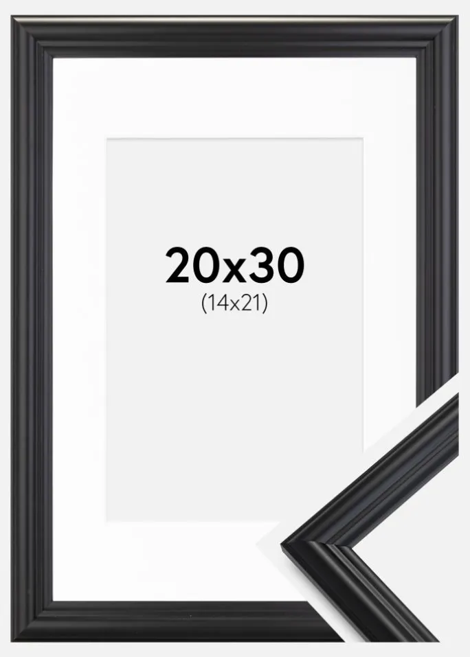 Ramme Siljan Sort 20x30 cm - Passepartout Hvid 15x22 cm