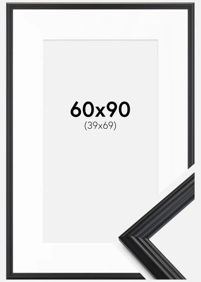 Ramme Siljan Sort 60x90 cm - Passepartout Hvid 40x70 cm