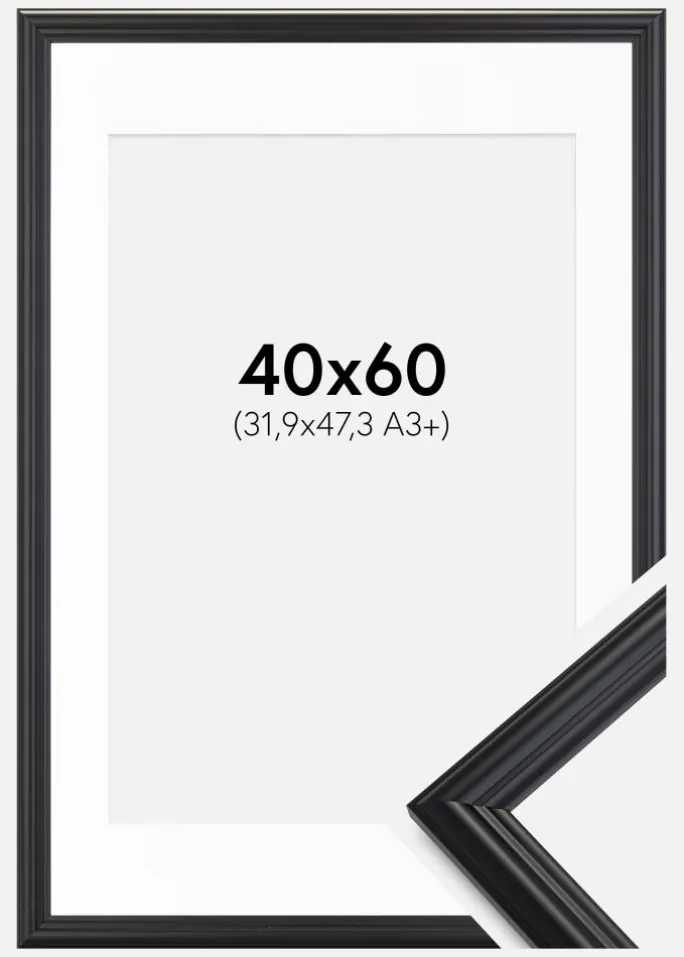 Ramme Siljan Sort 40x60 cm - Passepartout Hvid 32,9x48,3 cm (A3+)