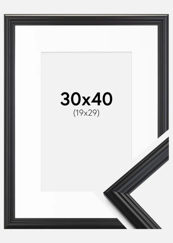 Ramme Siljan Sort 30x40 cm - Passepartout Hvid 20x30 cm
