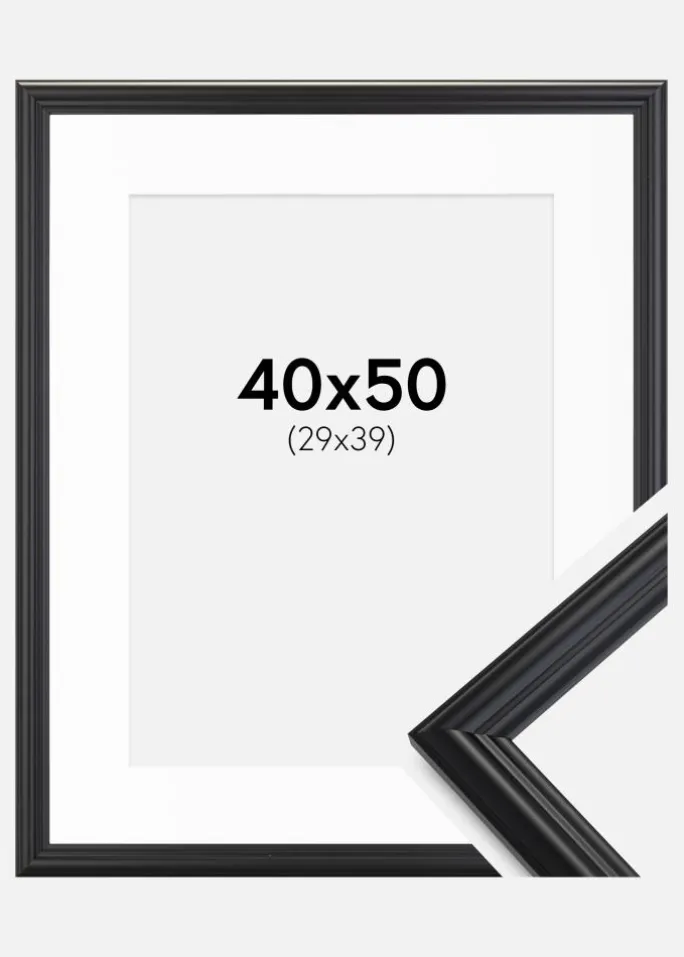 Ramme Siljan Sort 40x50 cm - Passepartout Hvid 30x40 cm