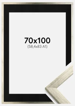 Ramme Stilren Sølv 70x100 cm - Passepartout Sort 59,4x84 cm (A1)
