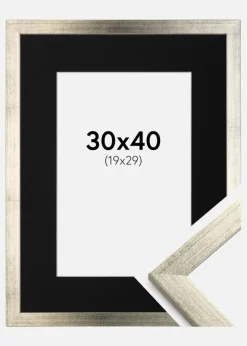 Ramme Stilren Sølv 30x40 cm - Passepartout Sort 20x30 cm