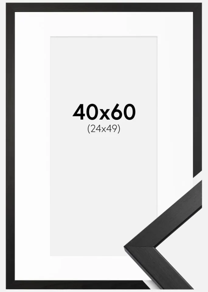 Ramme Stilren Sort 40x60 cm - Passepartout Hvid 25x50 cm