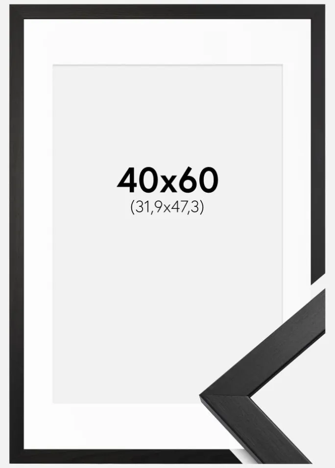 Ramme Stilren Sort 40x60 cm - Passepartout Hvid 32,9x48,3 cm