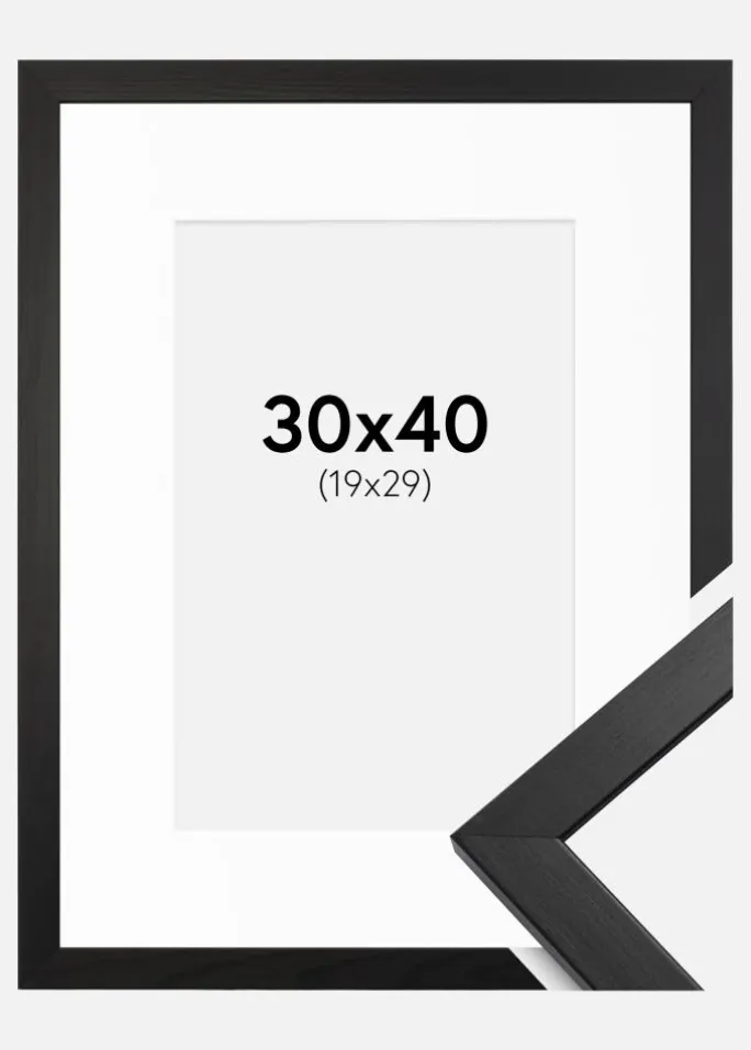 Ramme Stilren Sort 30x40 cm - Passepartout Hvid 20x30 cm