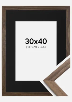 Ramme Stilren Valnød 30x40 cm - Passepartout Sort 21x29,7 cm (A4)