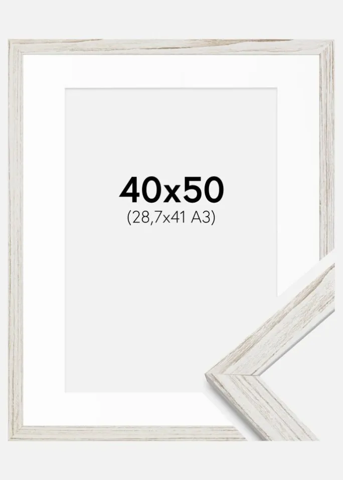 Ramme Stilren Vintage hvid 40x50 cm - Passepartout Hvid 29,7x42 cm