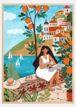 Travel woman in Mediterranean coast Plakat (21x29.7 cm (A4))