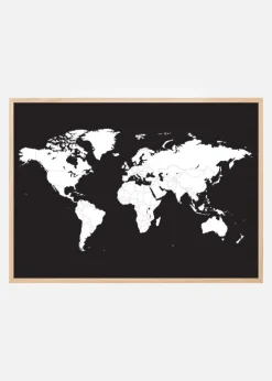 Verdenskort Hvid Med Sort baggrund Plakat (21x29.7 cm (A4))