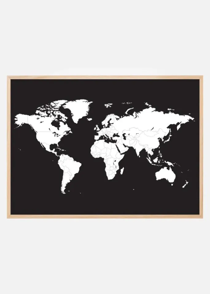 Verdenskort Hvid Med Sort baggrund Plakat (21x29.7 cm (A4))