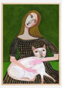 Vintage lady with white cat Plakat (21x29.7 cm (A4))