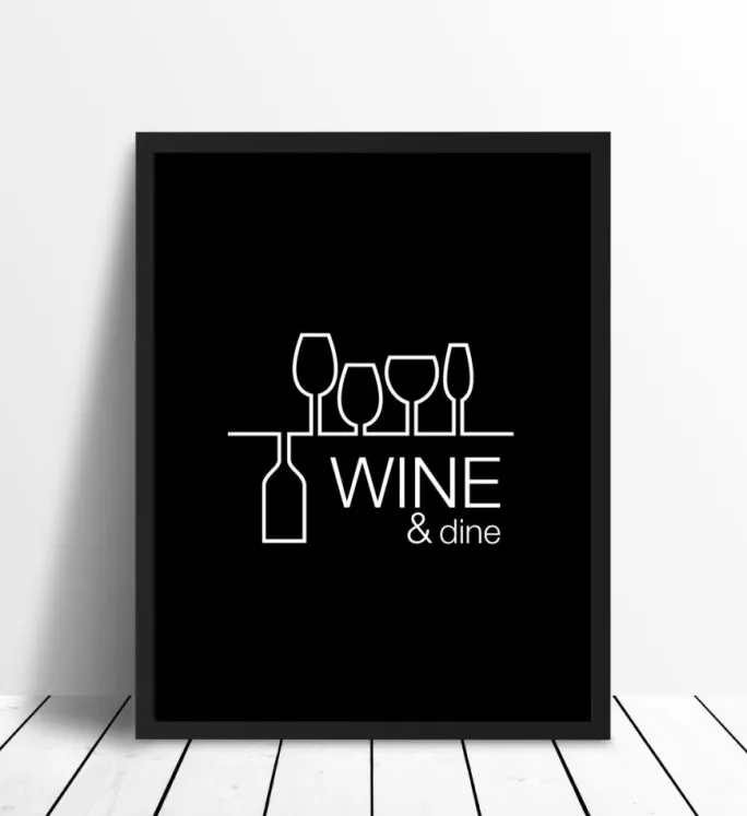 Wine & dine - Sort med Hvidt tryk Plakat (30x40 cm)