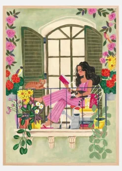 Woman reads on balcony Plakat (21x29.7 cm (A4))
