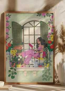 Woman reads on balcony Plakat (21x29.7 cm (A4))